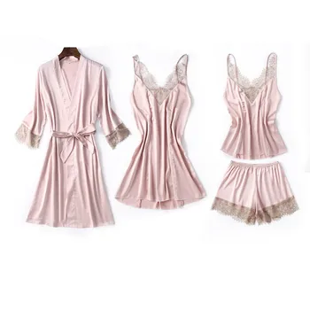

Women Lace Trim 4PCS Kimono Robe Gown Suit Summer Faux Silk Sleepwear Sexy V-Neck Backless Nightdress Lounge Home Clothes