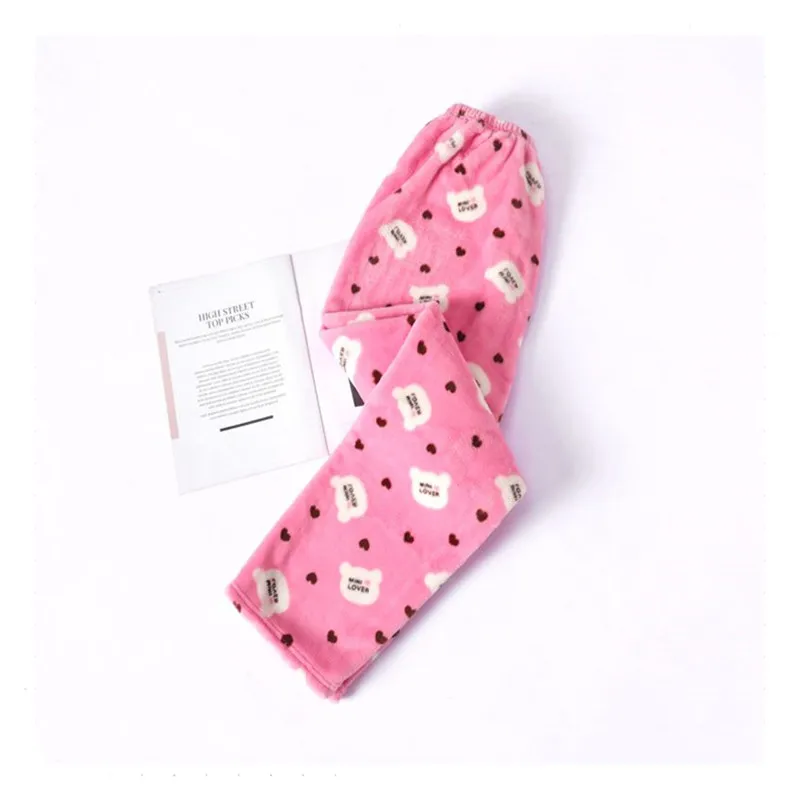 Caiyier/женские зимние штаны для сна; плотные Фланелевые Пижамные брюки с милым розовым принтом; однотонная теплая ночная одежда; повседневная одежда; большие размеры