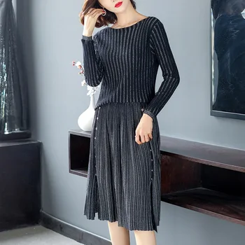 

Autumn spring Women elegant Sweater Pullover + Pleated skirt 2 piece set shiny Knitted midi dress Slim sweater suit 0809-168