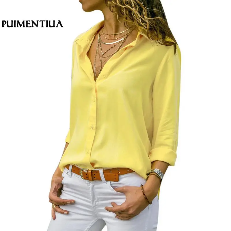 Women Tops Blouses 2019 Autumn Elegant Long Sleeve Solid V-Neck Chiffon Blouse Female Work Wear Shirts Plus Size