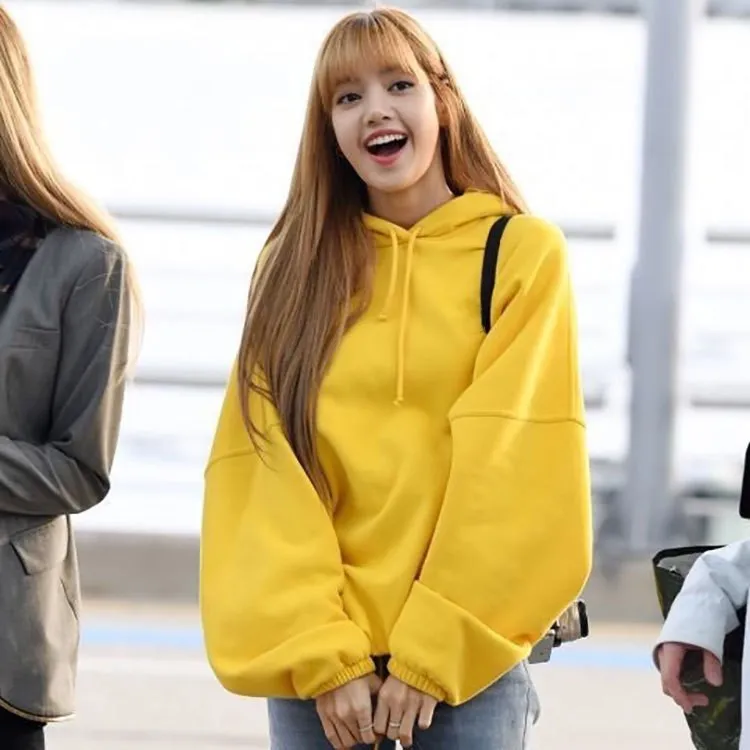 Kpop Черный Розовый Лиза же зимние теплые толстовки для женщин корейских студентов плюс бархат фонари рукава с капюшоном сплошной цвет толстовки