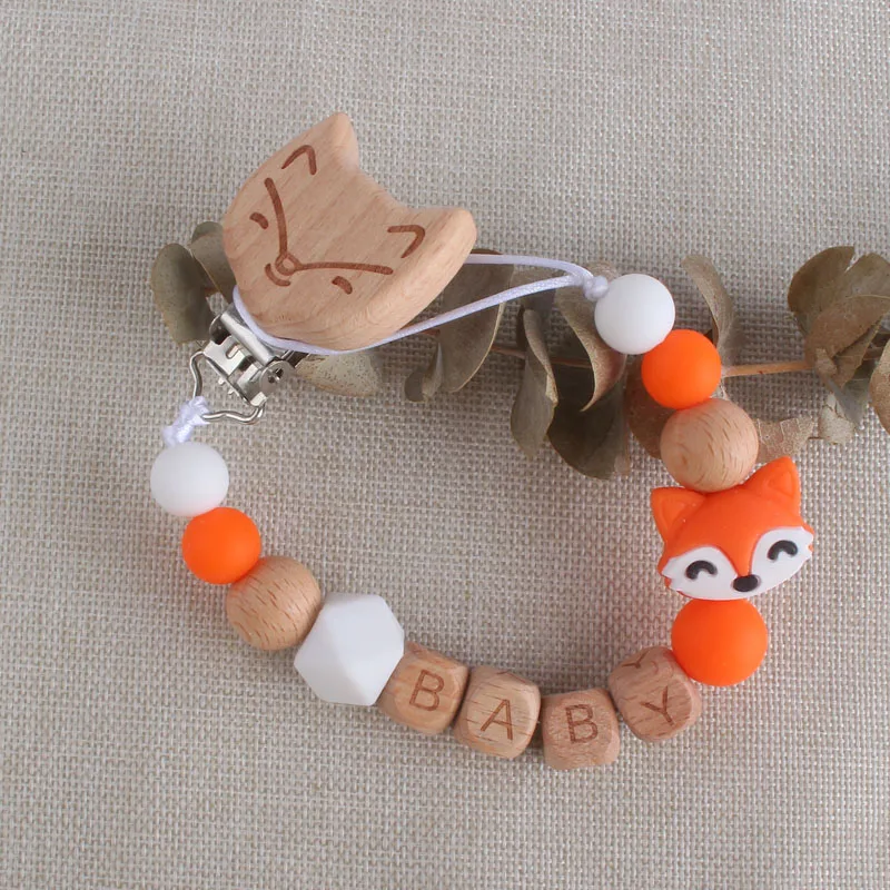 Personlized Baby Name Wooden Orange Fox Pacifier Clip Newborn Boy Girl Dummy Clips Teething Leash St