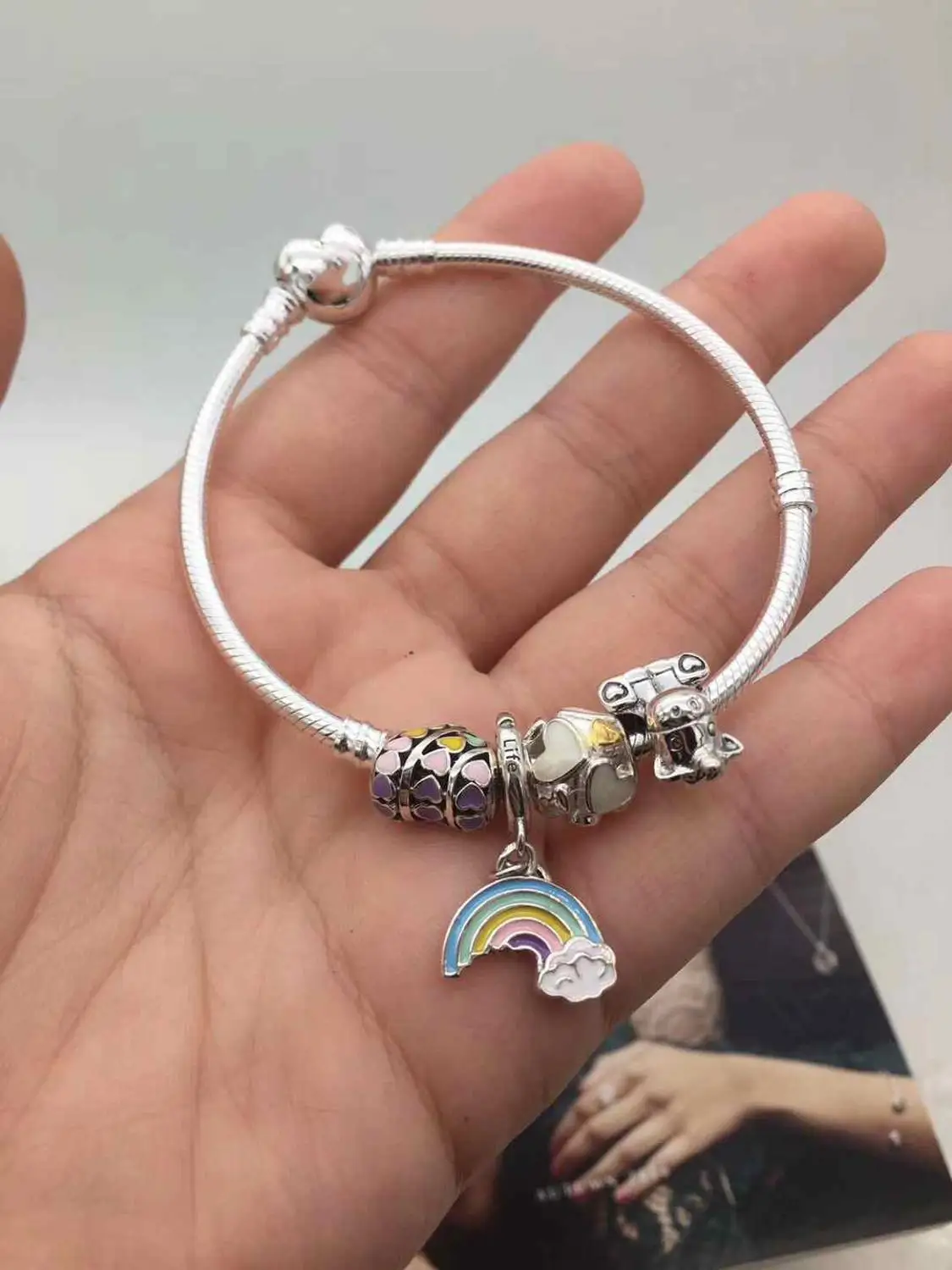 

Kaliyah Store High Quality 1:1 100% 925 Pure Silver New Rose Girl Rainbow Love Bracelet Free Shipping