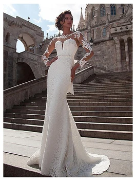 

Elegant Lace Appliques Mermaid Wedding Dress Long Sleeves Open Back Bridal Wedding Gowns White Ivory Bride Dress Vestido Novia