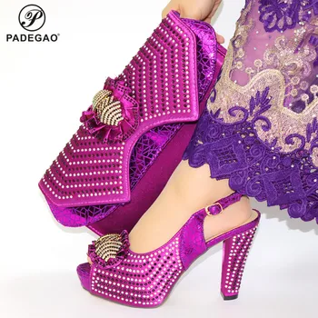 

Purple Color High Quality Italian Women Shoes and Bag Set for Wedding Party Crystal Shoes and Bag to Match