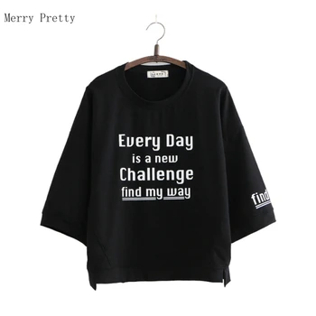 

Blac Letter Print Split Hem T Shirts For Women Short Sleeve O-neck Cotton T Shirt 2020 Summer Casal Loose Base Female Tops Tees