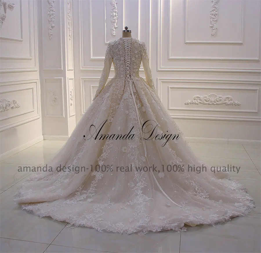 Аманда дизайн халат mariee длинный рукав кружева аппликация ручной работы свадебное платье с цветами