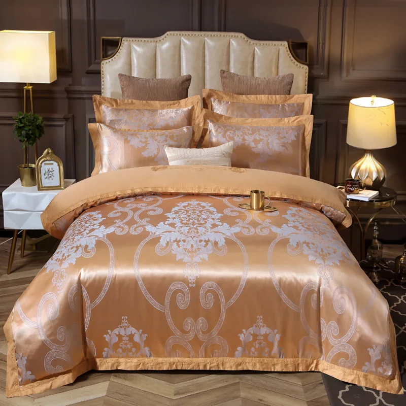 

4 pcs bed sheet set European style Satin Jacquard Silk and cotton pure cotton bed sheet four piece set Golden Cotton Duvet Cover