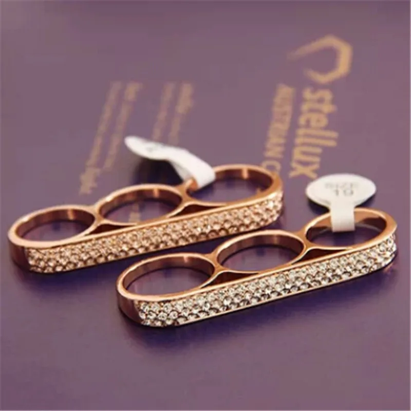Finger ring gold color ring gold color rings Rhinestone Two-finger Rings For Women Alloy Gold Color Punk Rings Jewelry Valentine's Day Gifts