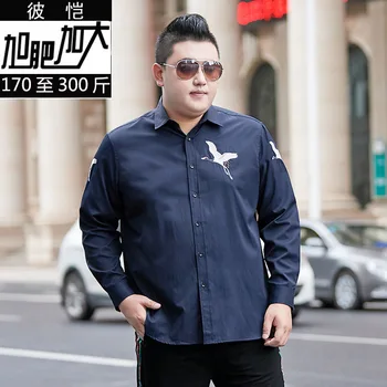 

2020 Men Autumn Plus Fat Plus Size Crane Embroidery Long Sleeve Lapel Shirt Loose Extra Large Size Tide