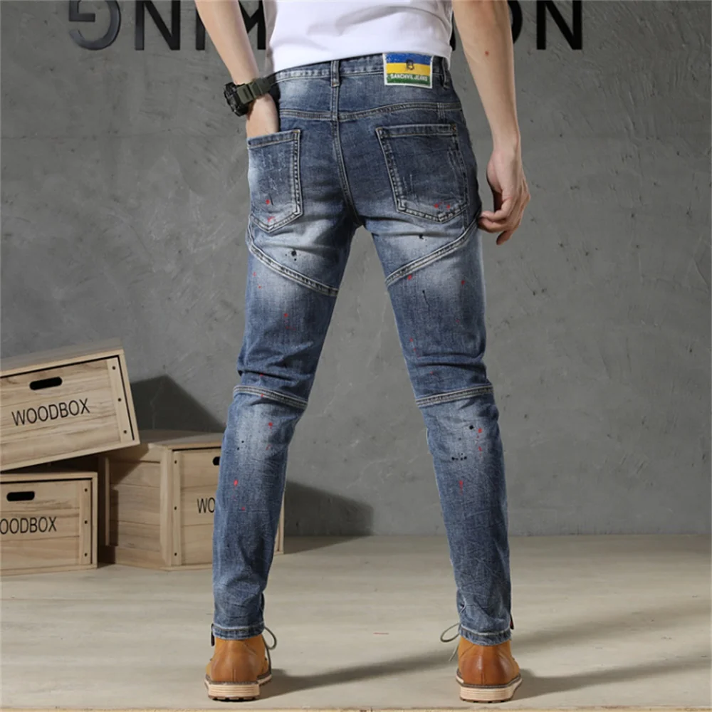 EH·MD® Spliced Ink Paint Jeans Men's Loose Slim Fit Scratched Holes Zipper Calf Pants Breathable Three-dimensional High Stretch