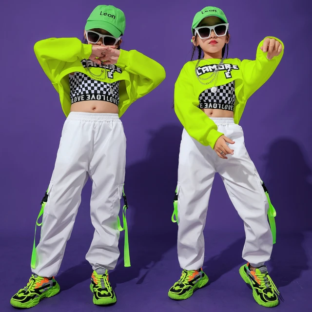 Costume de danse hip-hop pour enfants, vert fluo, vêtements de spectacle de  danse jazz pour