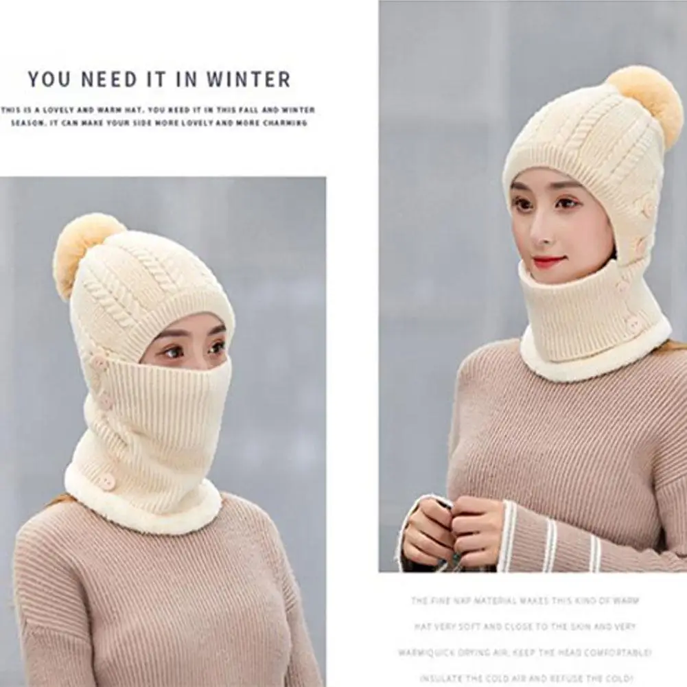 MISSKY Lady Warm One-piece Women Hat-Mask-Scarf Winter Thicken Knitting Wool Ball Riding Outdoor Beanies For Female