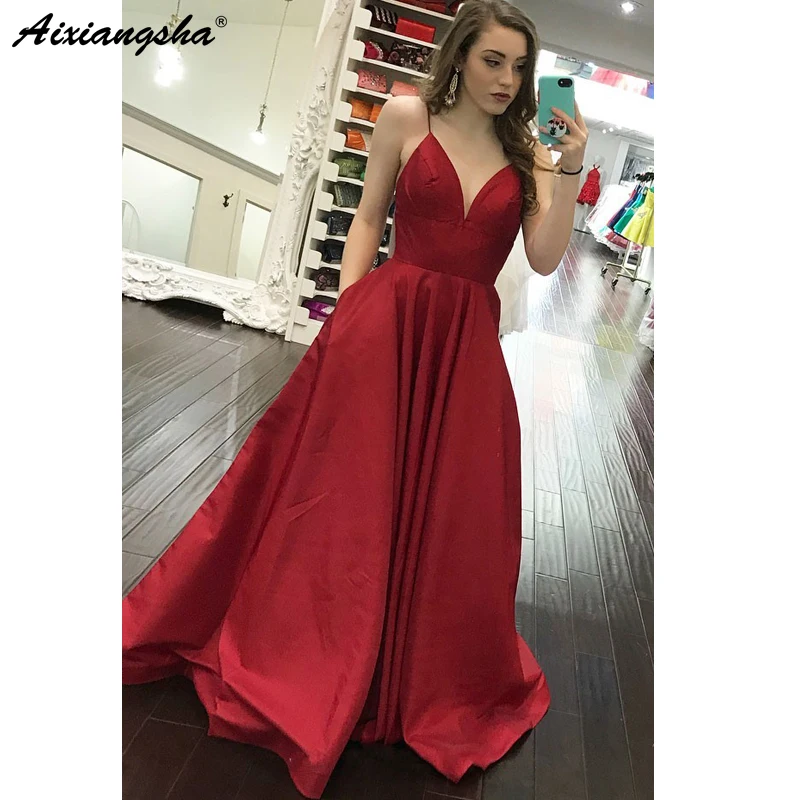 

Red 2019 Prom Dresses A-Line Spaghetti Straps Satin Party Maxys Long Prom Gown with Pockets Evening Dresses Robe De Soiree