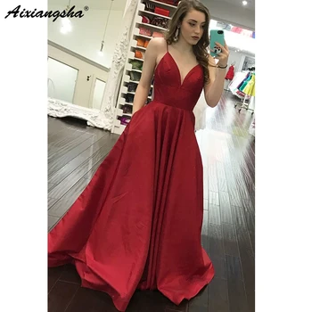 

Red 2019 Prom Dresses A-Line Spaghetti Straps Satin Party Maxys Long Prom Gown with Pockets Evening Dresses Robe De Soiree
