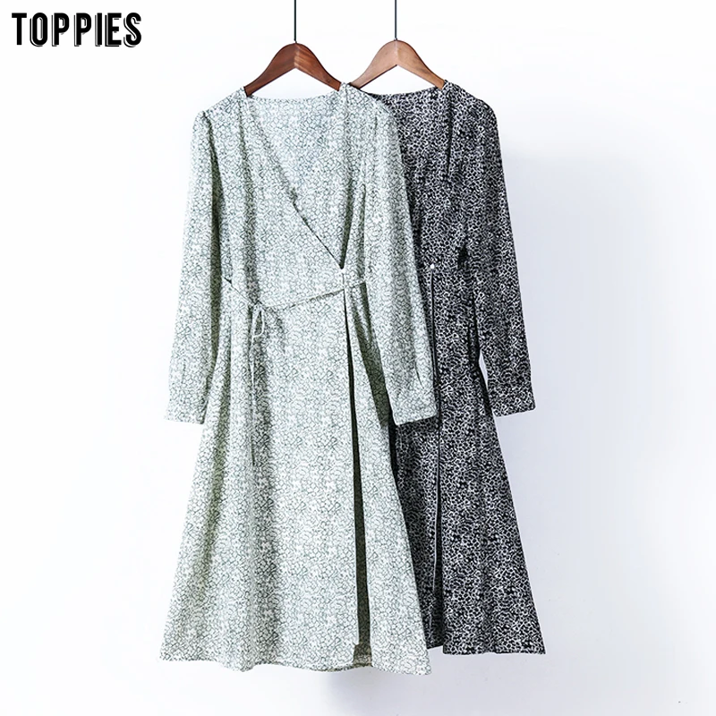 toppies 2020 autumn long sleeve midi dress womens floral printing v-neck chiffon dress elegant korean clothes toppies 2020 autumn long sleeve midi dress womens floral printing v-neck chiffon dress elegant korean clothes