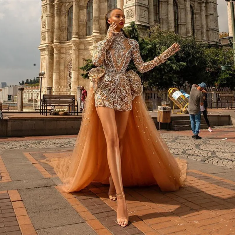 

Elegant Evening Dresses High Neck Long Sleeves Crystal Beading Prom Gowns Custom Made Detachable Train Special Occasion Dress
