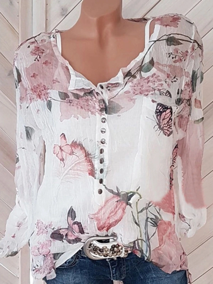 

summerSpring Polyester Women Square Neck Decorative Button Floral Printed Long Sleeve Blouses