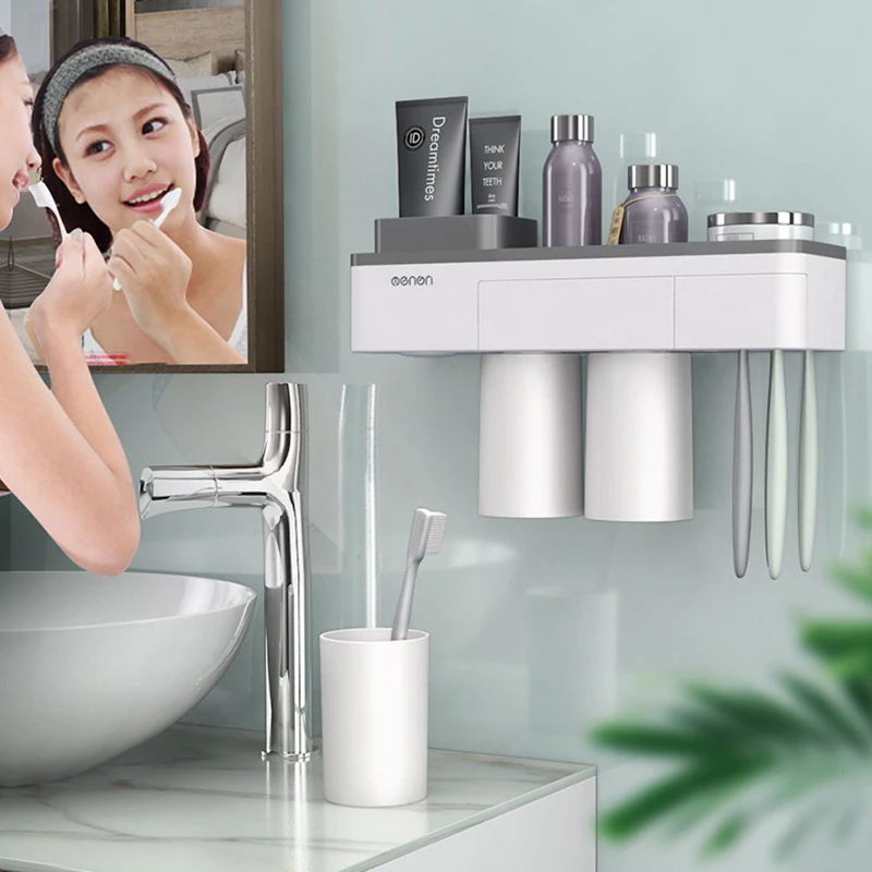 

2Cups Toothbrush Holder Set Bathroom Accessories Toothbrush Storage Organizer Magnetic Attraction Toothbrush Box Squeezer