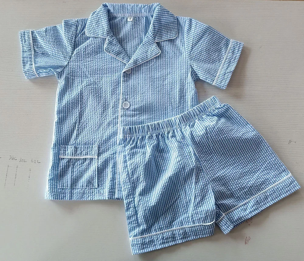 Monogram kids pajama knitted matching pjs summer check frills Easter pyjamas baby boys sleepwear baby nightgowns	