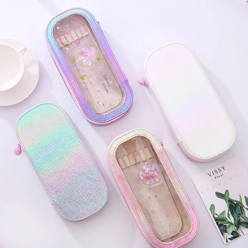 

1pc Cute Pencil Case Halloween Quicksand Oil PVC Large-capacity Transparent Window Storage School Supplies Portable Cosmetic Bag