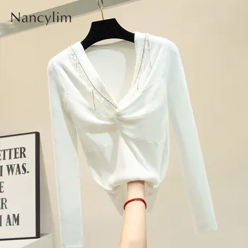 

Beaded V-neck Sweater Women Fall Outwear Lazy Wind Pullover Sweater Autumn Female New Slim Wrapped Knit Shirt Lady Tops Nancylim