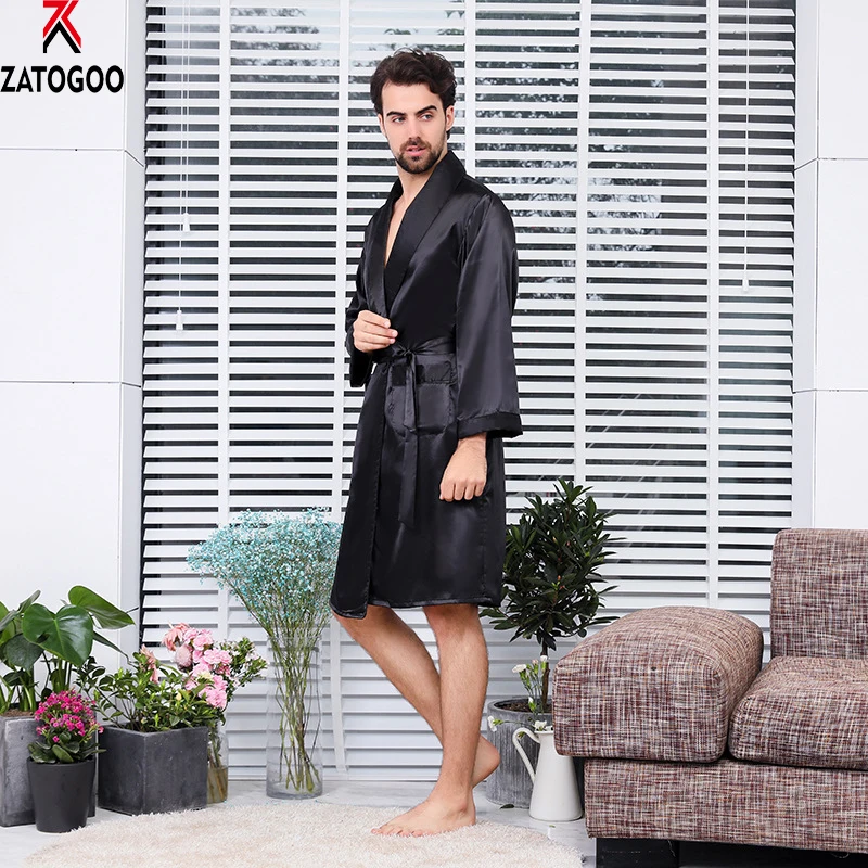 Mens Robe Lightweight Bathrobe Long Sleeve Silk Nightgown Thin Sleepwear Plus Size Sleepwear Black Mens Robe Lightweight Bathrobe Long Sleeve Silk Nightgown Thin Sleepwear Plus Size Sleepwear Black
