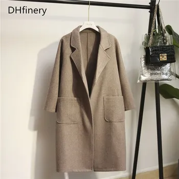 

DHfinery Women Wool Coat for bust 116-140CM winter elegant Double Breasted Long vintage woolen coat plus size XL-5XL b1192