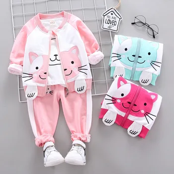

cute cat kids Girls Clothing Sets 2019 Autumn Girls Coat+ T-shirt+pants 3pcs suit Girl Sport Suit Children Clothes 6M-24M
