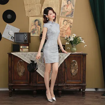 

New Lace Chinese Traditional Style Cheongsam Elegant Women' s Handmade Button Dress Mandarin Collar Sexy Short Dress Size S-3XL