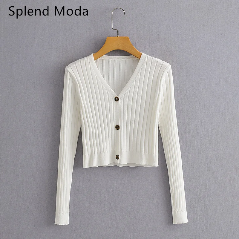 2020 Spring Autumn New Fashion Vintage White V-neck Palace Pit Striped Long Sleeve Crop Knitted Cardigan Sweaters Women Tops |