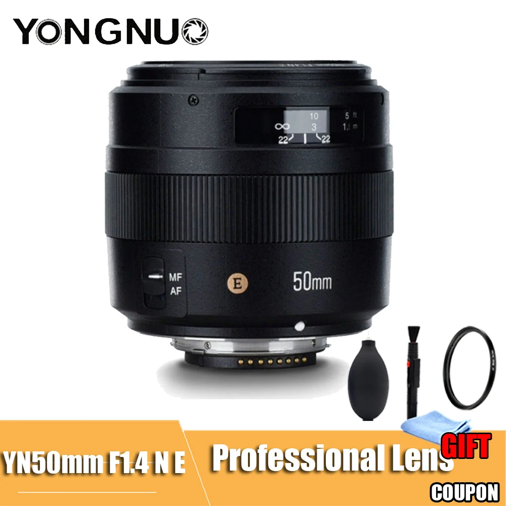 Светодиодная лампа для видеосъемки YONGNUO YN50MM F1.4N F1.4 E Стандартный объектив с фиксированным фокусным расстоянием AF/MF объектив для Nikon D7500 D7200 D7100 D7000 D5600 D5500 D5300 D5200 D5100 Камера