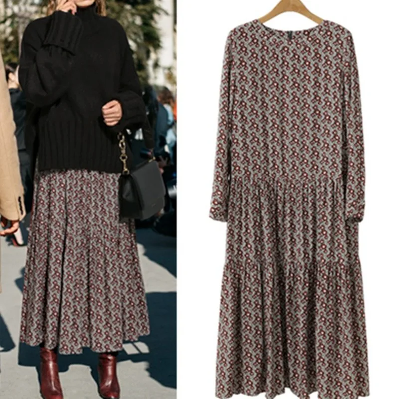 Женское шифоновое платье в горошек с круглым вырезом и длинным рукавом свободное