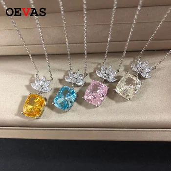 

Luxury brand Big Square Zircon S925 Silver Sweater Necklace Pendants Sparkling Blue Pink Yellow White AAA CZ jewelry for women