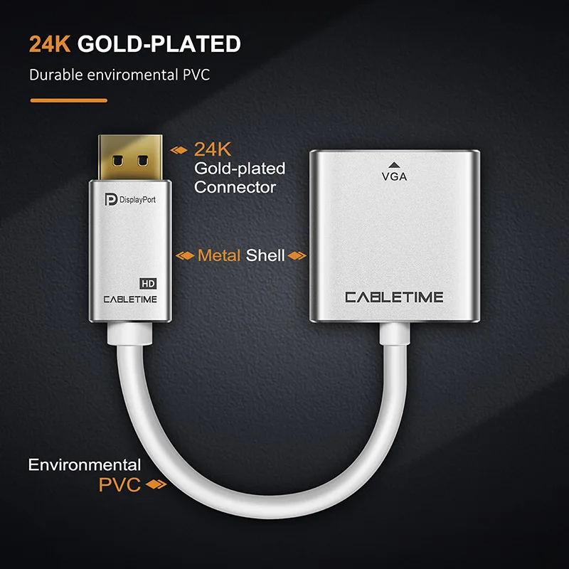 CABLETIME 1080P DisplayPort To VGA адаптер DP To VGA конвертер Displayport VGA M/F адаптер для Macbook проектора ноутбука C088