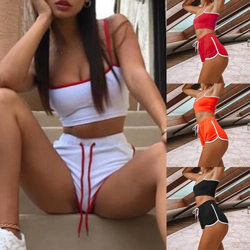 Yoga Suit Workout Sports Women Sexy Patchwork Yoga Set String Vest Short Crop Tops + Hot Shorts Pants Athletic Short Sets Hot