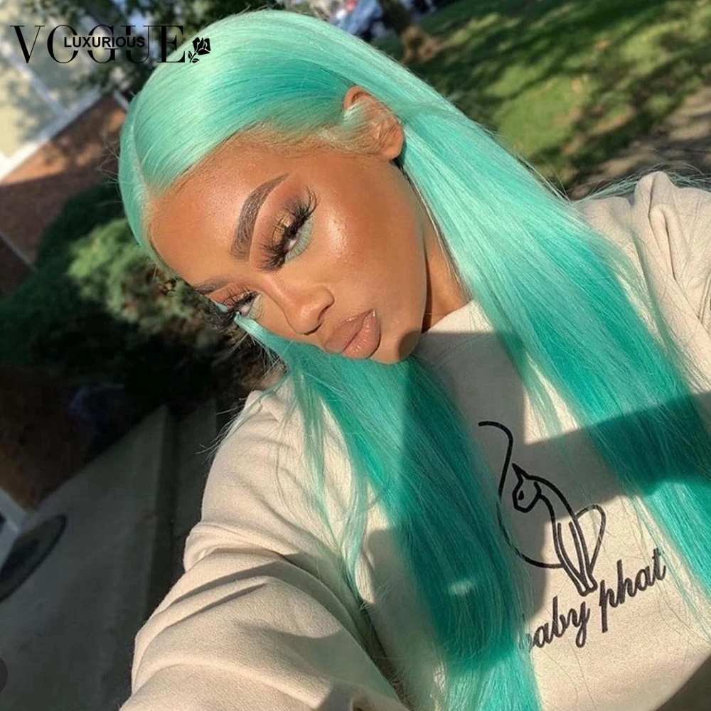 Mint Green Colored Human Hair Wigs Preplucked Green Straight Lace Front