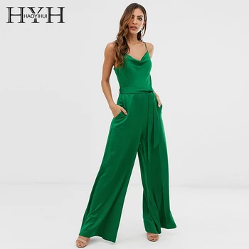 

HYH Haoyihui Sports And Leisure Sling V-neck Waist Tie Zip Closure Autumn Fashion Style Solid Color Long Wide Leg Jumpsuit