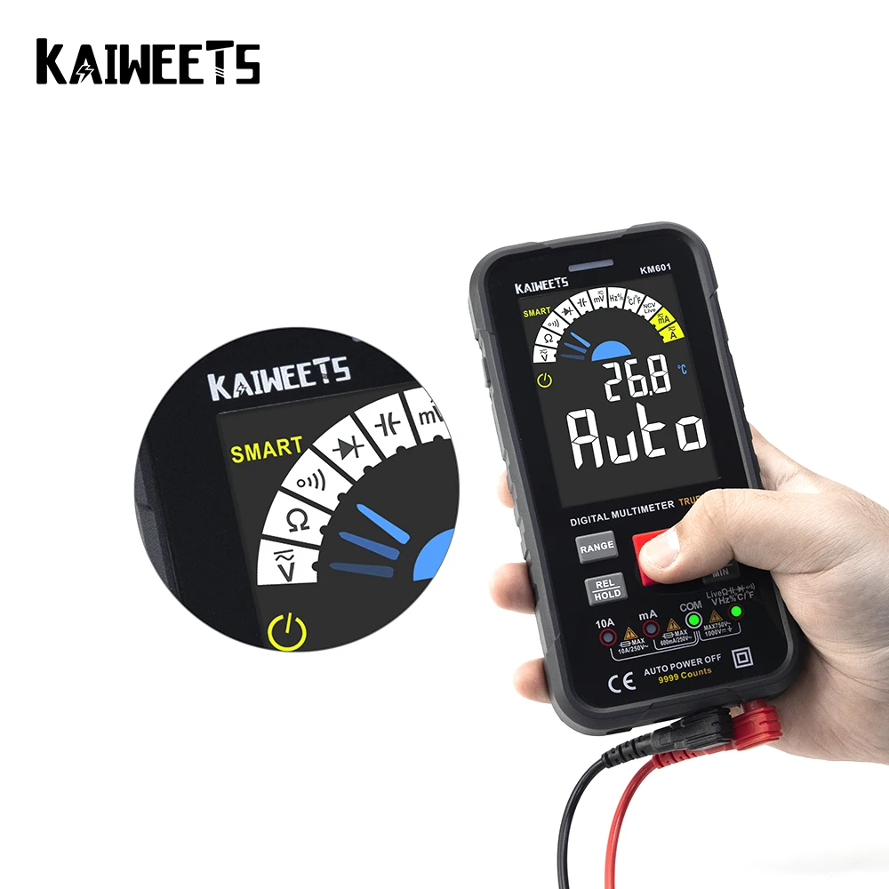 KAIWEETS KM601 9999 liczy multimetr cyfrowy Smart Auto zakres 1000V 10A miernik testowy Ohm Hz pojemność REL True RMS AC DC DMM