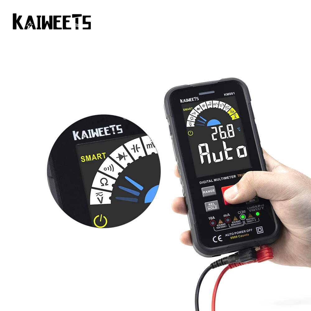 KAIWEETS KM601 9999 Counts Digital Multimeter Smart Auto Range 1000V 10A Tester Meter Ohm Hz Capacitance REL True RMS AC DC DMM