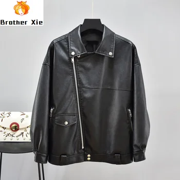 

2020 New Faux Soft Leather Loose Jacket Turn-down Collar Casual Leather Coat Motorcycle Zipper Rivet Female Outerwear