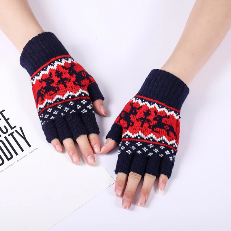 Осенне-зимние женские вязаные перчатки без пальцев, милые рождественские перчатки для девочек, зимние плотные теплые перчатки с полупальцами для вождения R350