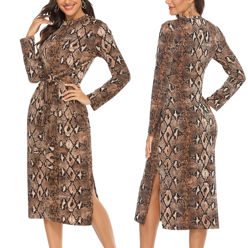 

Womem Spring Snakeskin Print Long-sleeved Bow Bow Slit Tote Skirt Stretch Slim Pencil Dress Long dress