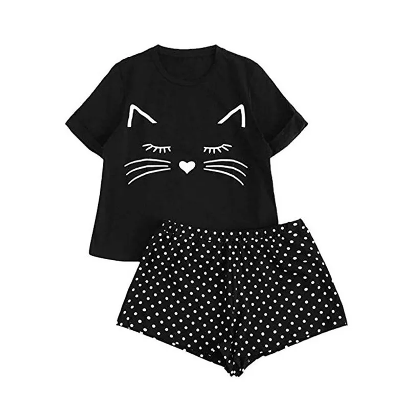 Милый Пижамный комплект для Для женщин с рисунком героев из мультфильмов Соблазнительные шорты 2 предмета, пижама с круглым вырезом короткий рукав комплект новые пижамы Для женщин одежда для сна с принтом - Color: Black-Cat
