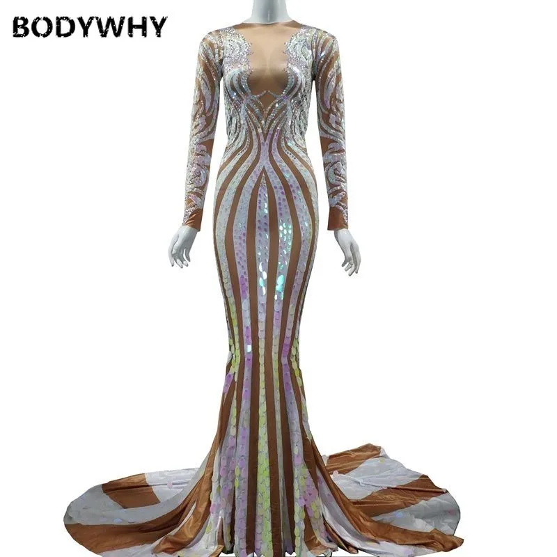 

Long Tail Dress Sexy Evening Bodycon Clothes New Multi Color Sequins Long Sleeve Rhinestones Women's Clothing Party Celebrate