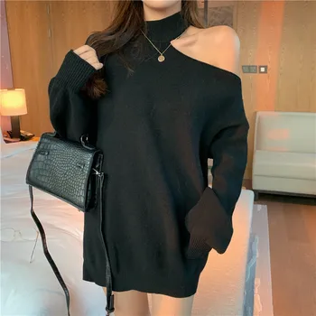 

Women New Sexy Cold Shoulder Fashion Sweaters Turtleneck Pullovers Tops Female Casual Solid Color Loose Knit Sweater Jumpers