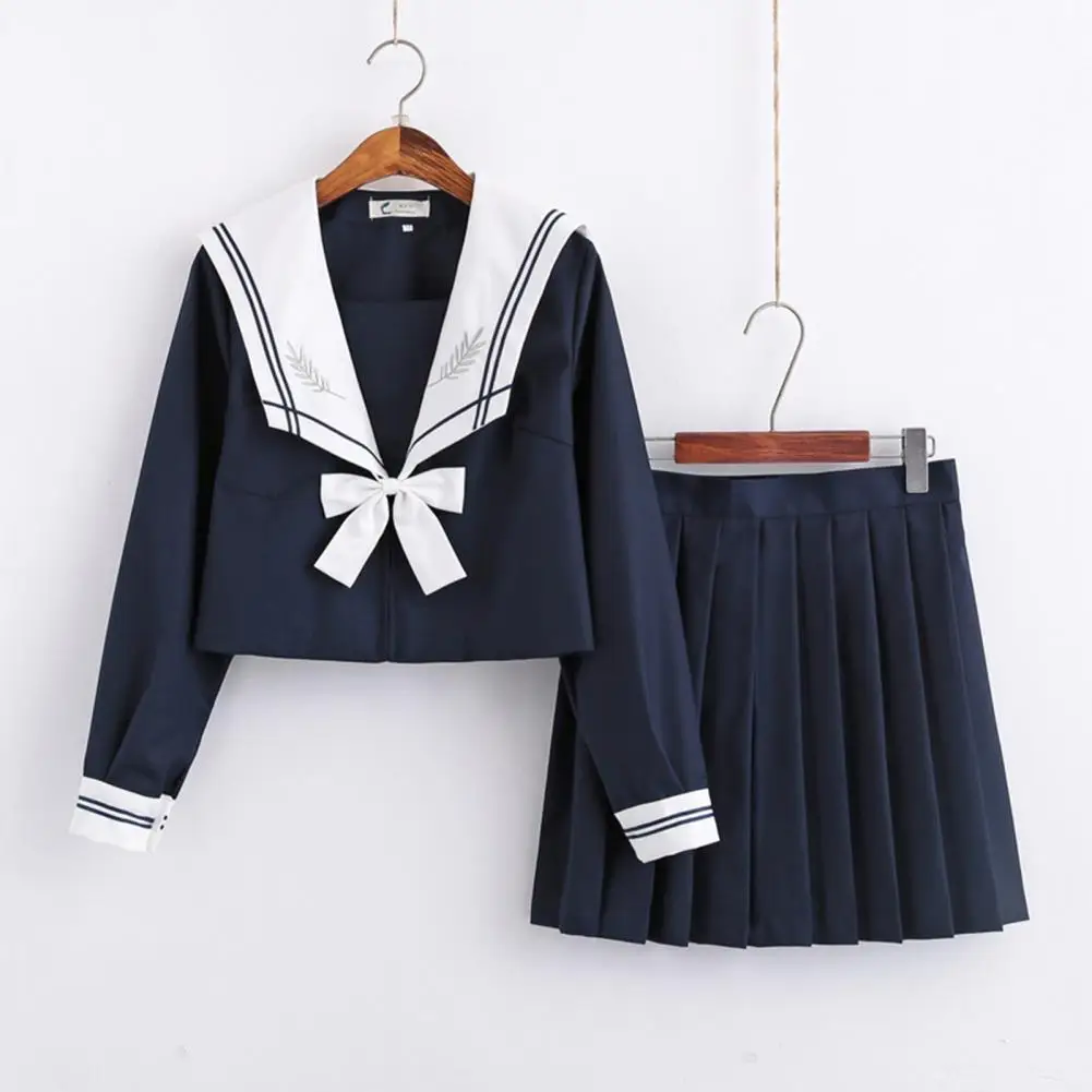 JK Uniform Skirt Pleated Skirt Anti-wrinkle Basic Style Navy Collar Uniform Suit For School