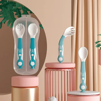 

Baby Soft Spoon Set Suction Cup Tableware Learning To Eat Training Complementary Food Elbow Silicone Tableware Spoon Fork Set