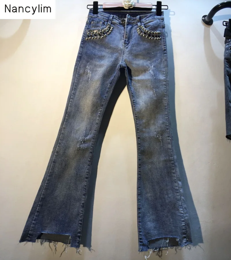 

2019 Autumn Blue Jeans for Women Streetwear New Heavy Rivet High Waist Slim Stretch Nine-point Micro Flare Jeans Pants Feminina