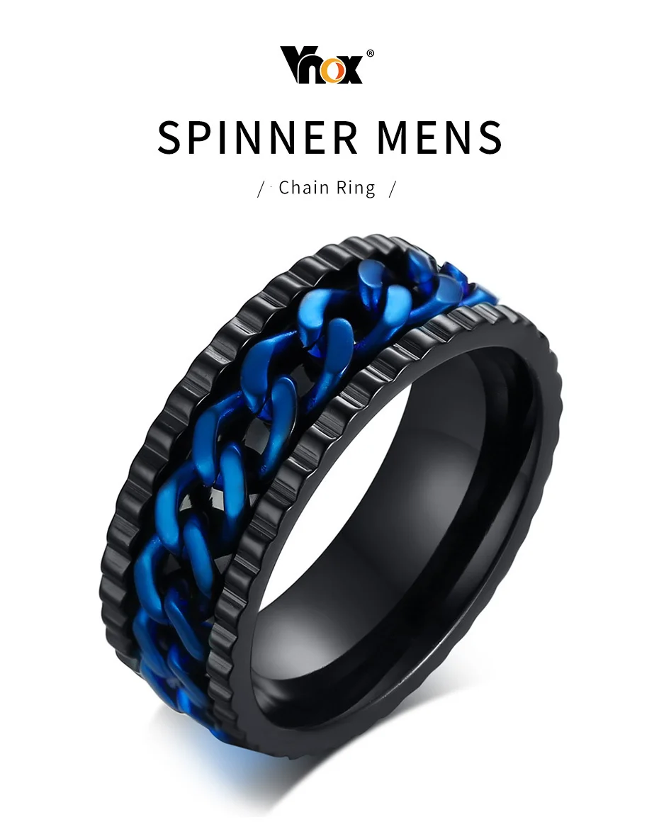 Vnox, 8 мм, мужской Спиннер, кольцо с синим центром, цепочка из нержавеющей стали, кольцо для снятия стресса для мужчин, джентльменов